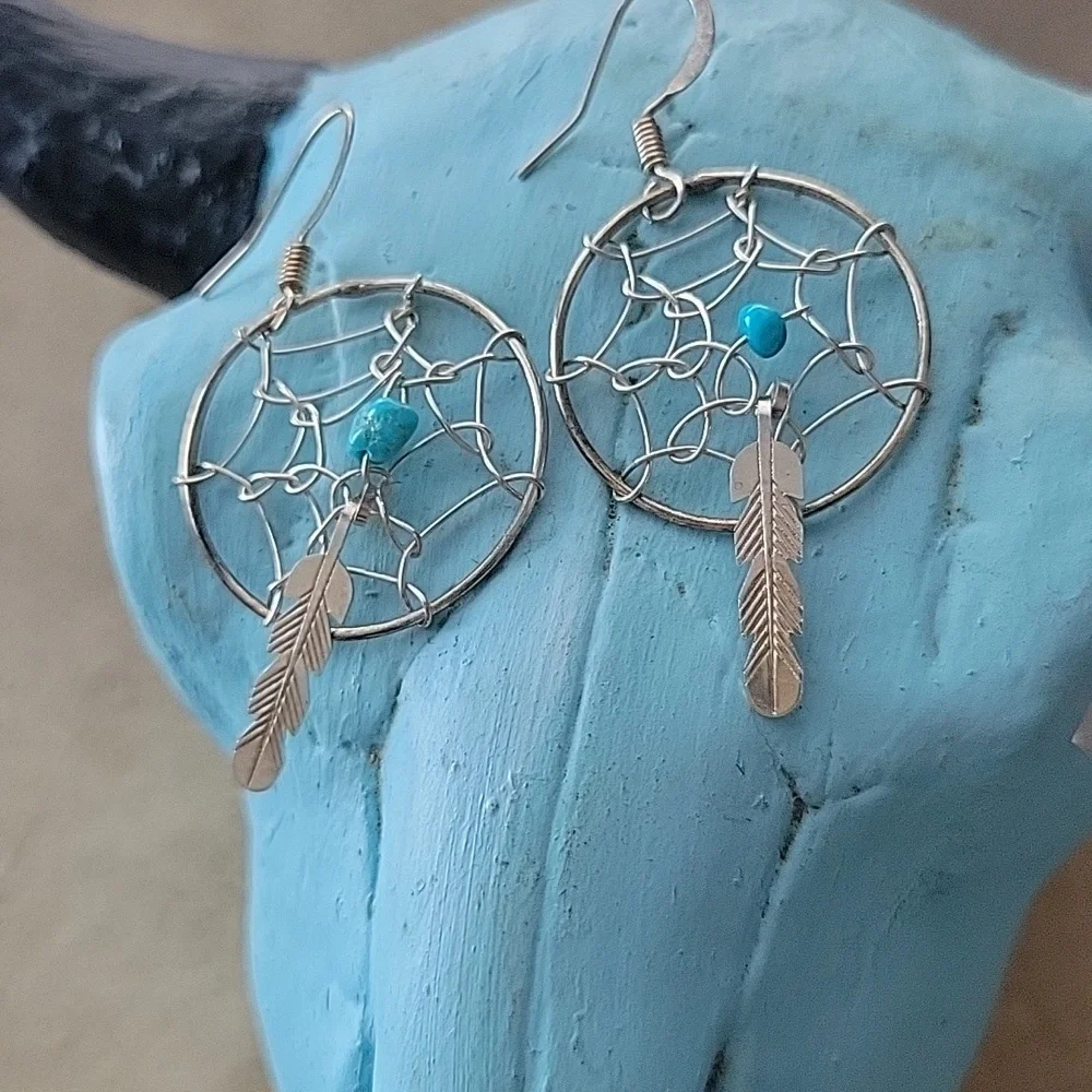 Sterling Silver & Turquoise Dreamcatcher Earrings Southwestern Boho Western